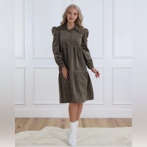 Udel Olive Green Midi / Knee Length Collared Micro Corduroy Dress Size Small